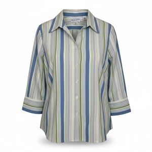 Pendleton Women's Large Blue Green Striped 3/4 Sleeve Blouse